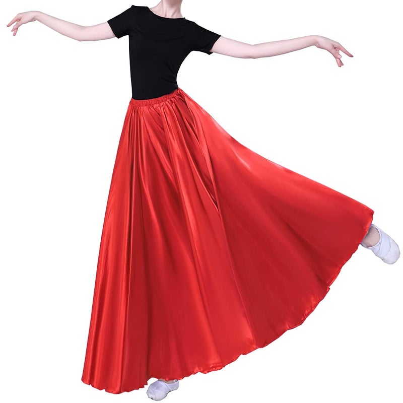 Sancan Women Long Tulle Retro Maxi Shiny Skirt for Belly Dancing Dance Costume Cosplay Holiday Weekend Party Dinner (Red) - Image 2
